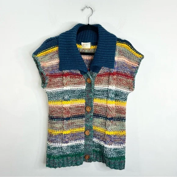 Vintage 80s Coogi style colourful striped knit short sleeve cardigan sweater L - Picture 4 of 14
